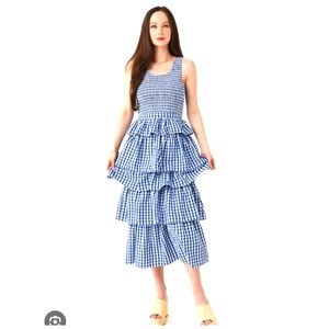 RHODE Nia Gingham Smocked Tiered Midi Dress in Toulouse Gingham sz 12/L*
